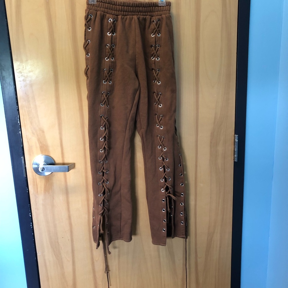 Luxe Chestnut Lace-Up Wide Leg Track Pants